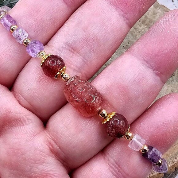 Nature Mixed Colors Fluorite Strawberry Quartz Pi Xiu Bracelet - Picture 7 of 10